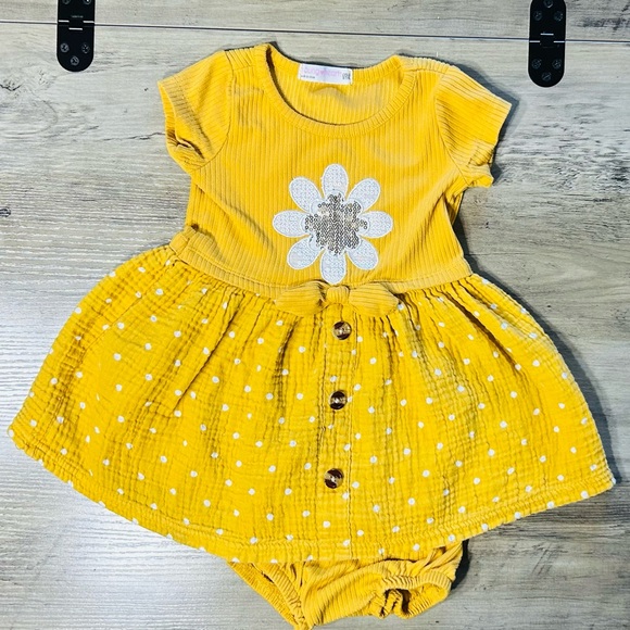 Young Hearts Yellow Baby Dress with Flower Design and Polka Dots - Picture 1 of 4